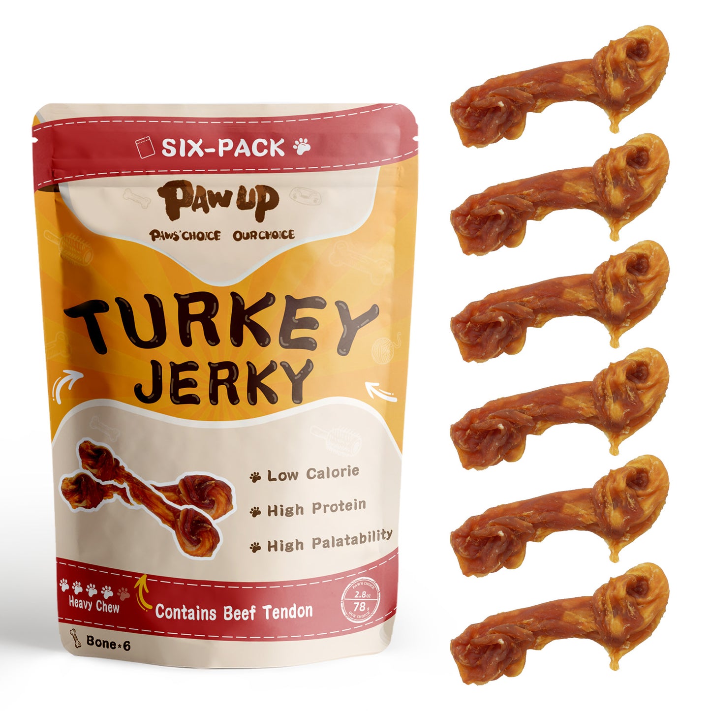 Turkey Jerky Dog Treats, High Protein Turkey Breast Chews, Natural Healthy Dog Bones, Long-Lasting Bone Treats for Large Dogs, Low Cholesterol Snacks w/Beef Tendon (13g/Stick, 6 Sticks)