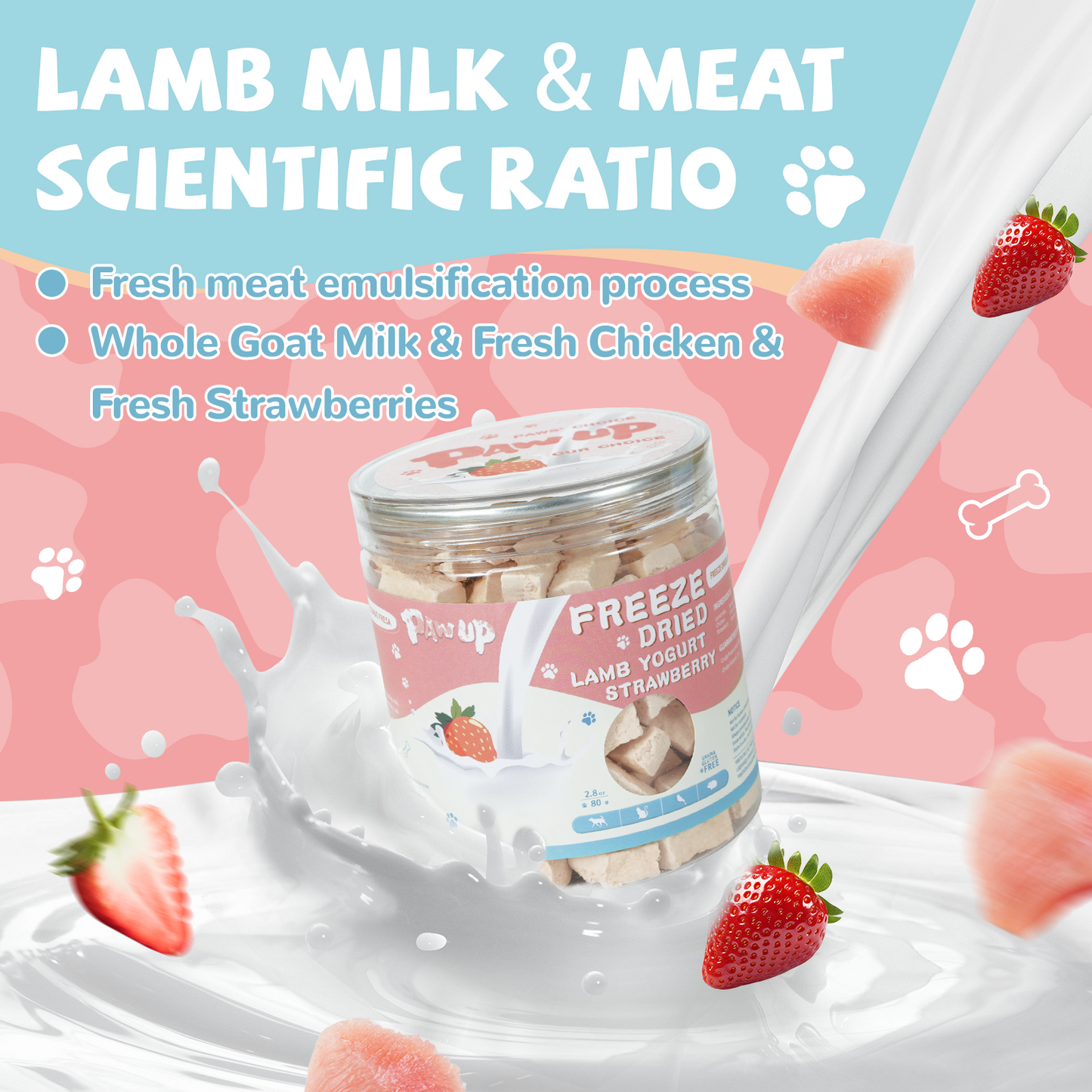 Freeze Dried Lamb Yogurt Strawberry Flavor, Lamb Milk for Dogs, Gentle Dog Lamb Milk for Sensitive Stomachs Puppies, Yogurt Dog Treats, 2.8 oz