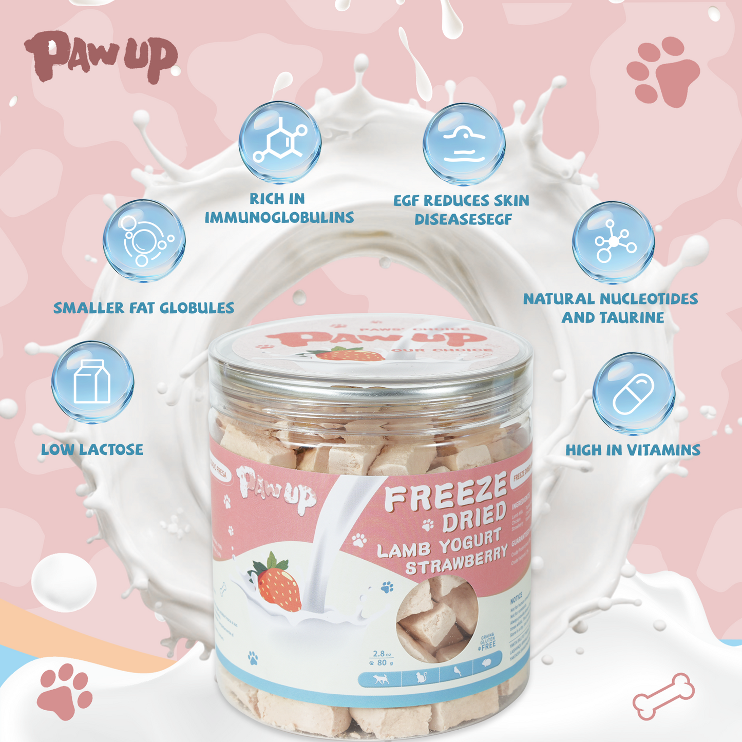 Freeze Dried Lamb Yogurt Strawberry Flavor, Lamb Milk for Dogs, Gentle Dog Lamb Milk for Sensitive Stomachs Puppies, Yogurt Dog Treats, 2.8 oz