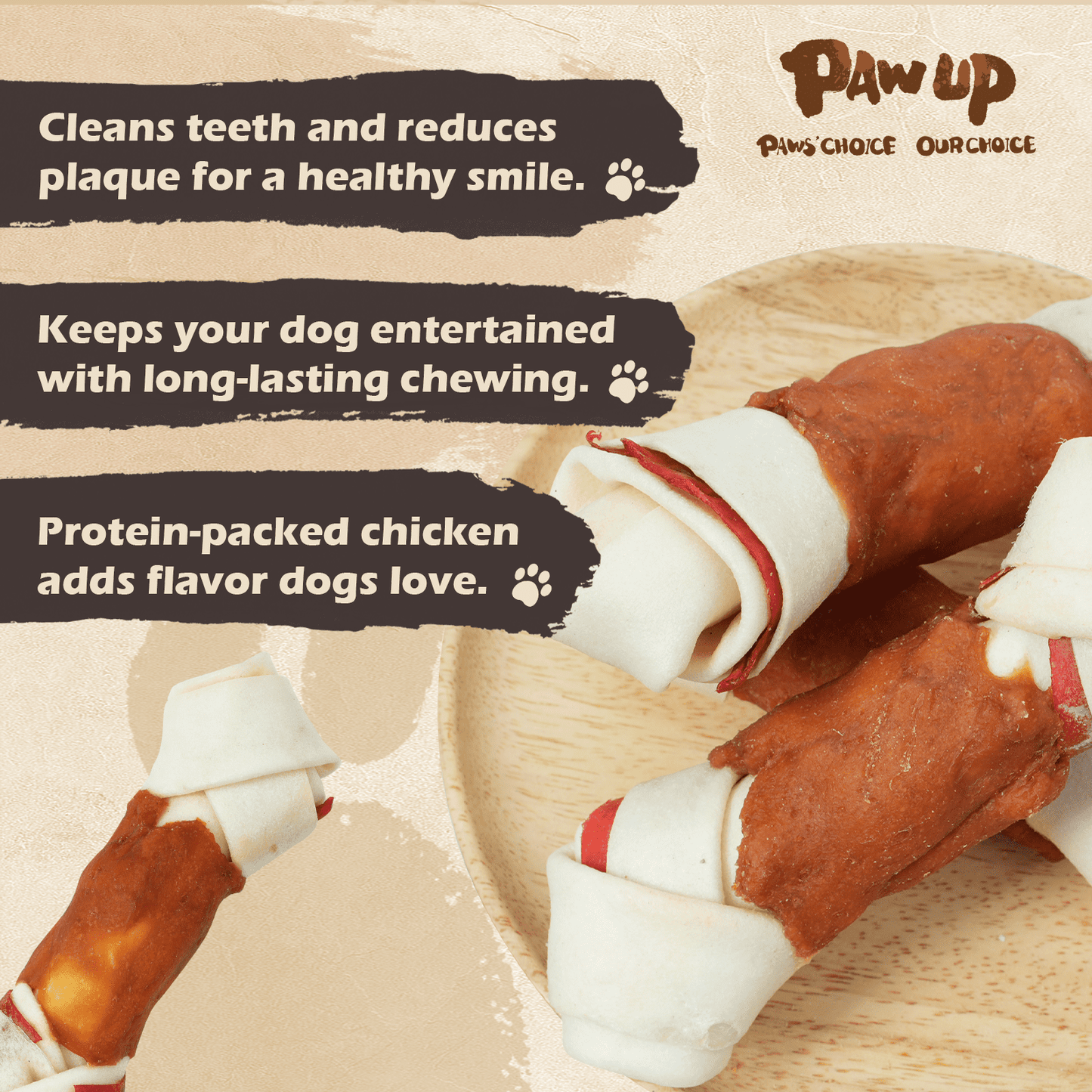 PAWUP Dog Treats Rawhide Bones with Chicken, Long-Lasting Chews for Dogs,6.5 Inch Dog Bones Supporting Dental Health and Stress Relief, 9 oz Bag