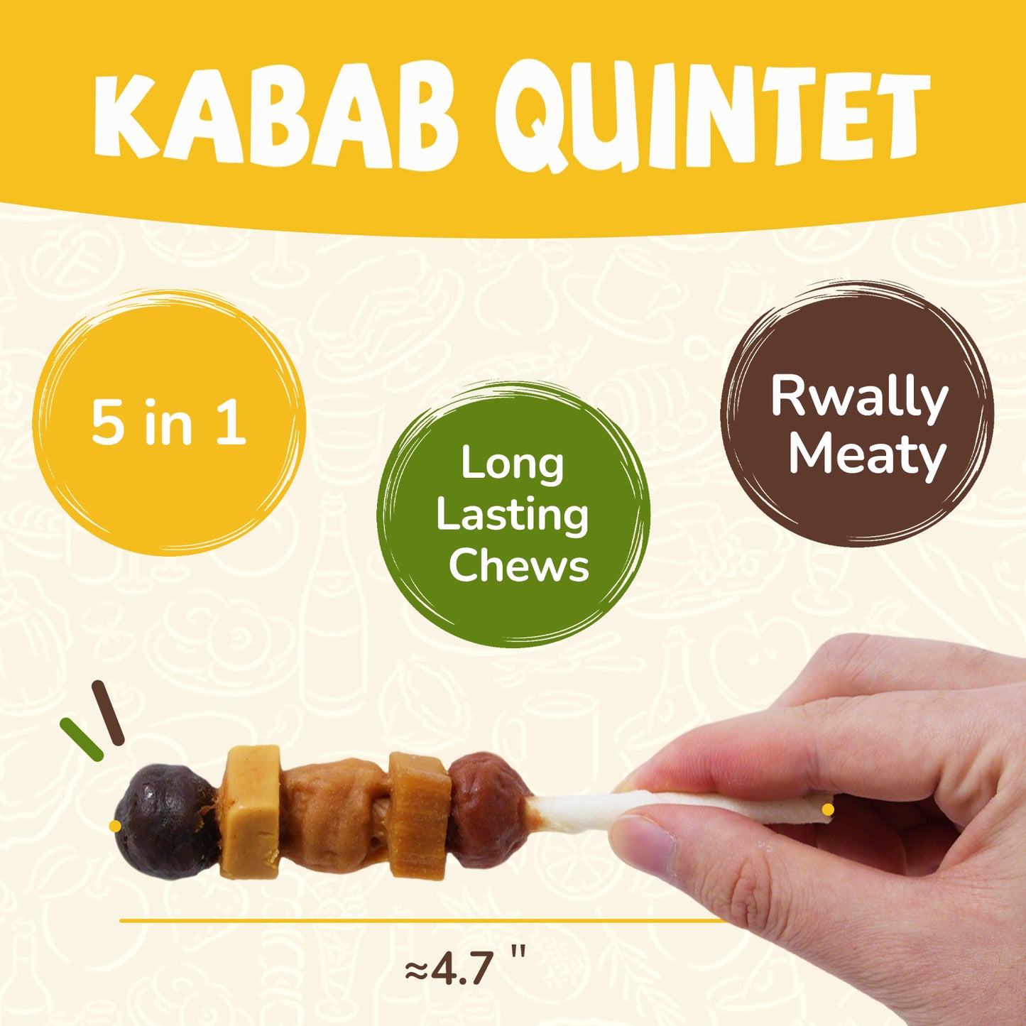 Kebob Quintet Dog Treats, Kabobs for Dogs, High Protein Dog Chews, Made with Chicken, Duck, Chicken Liver, Turkey & Sweet Potato, Rawhide Sticks for Dogs, 12 Count