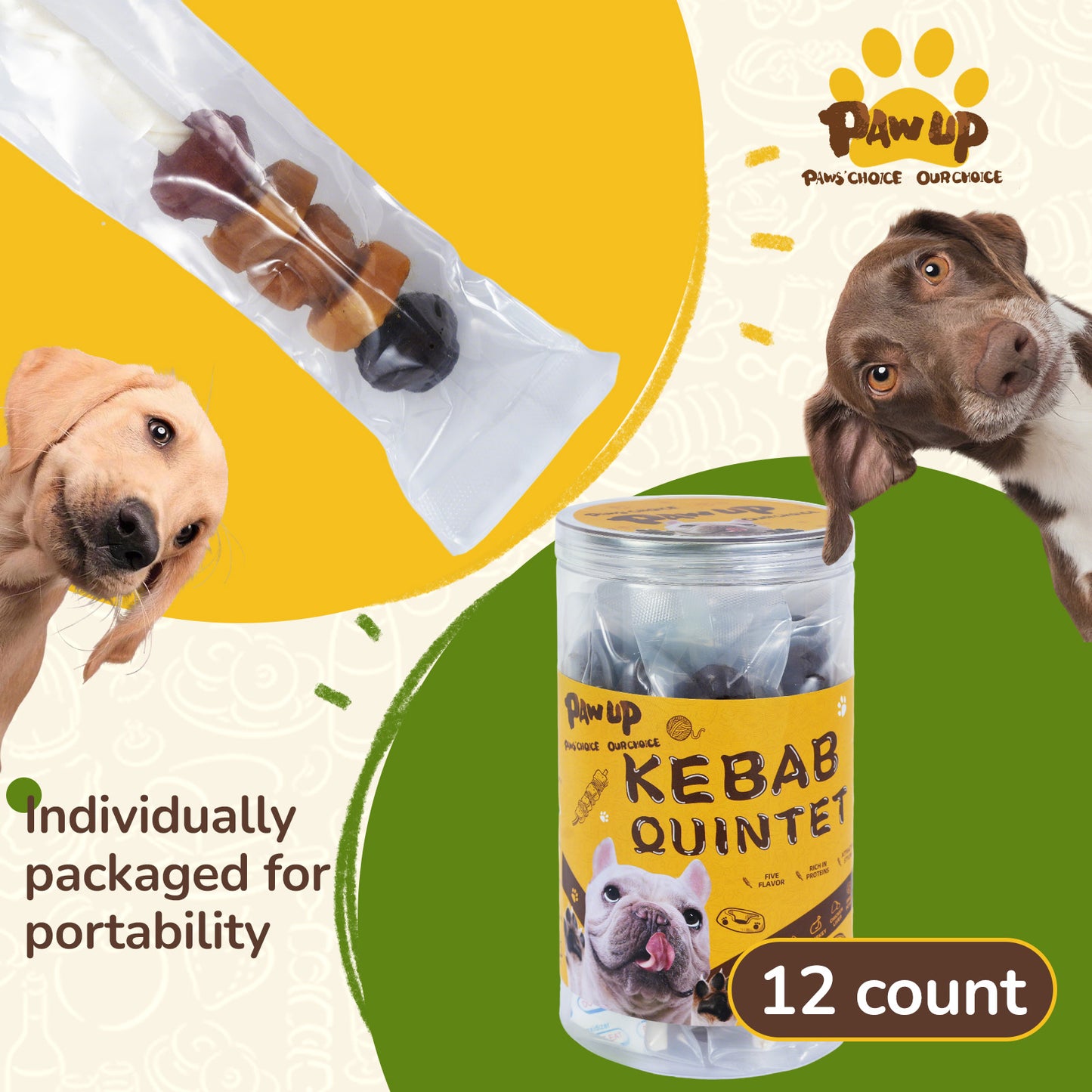 Kebob Quintet Dog Treats, Kabobs for Dogs, High Protein Dog Chews, Made with Chicken, Duck, Chicken Liver, Turkey & Sweet Potato, Rawhide Sticks for Dogs, 12 Count