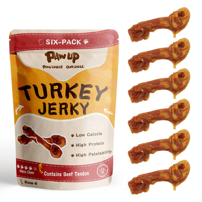 Turkey Jerky Dog Treats, High Protein Turkey Breast Chews, Natural Healthy Dog Bones, Long-Lasting Bone Treats for Large Dogs, Low Cholesterol Snacks w/Beef Tendon (13g/Stick, 6 Sticks)