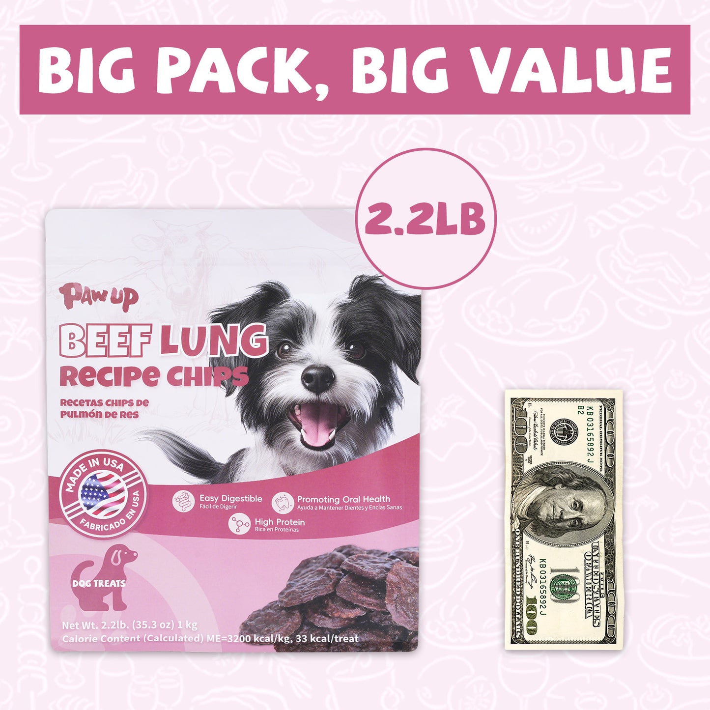 Beef Lung Dog Treats, Made in USA, High Protein, Low Fat Easily Digest Snacks for Dogs, Nutritious Chews for All Breeds and Sizes, 2.2 lb