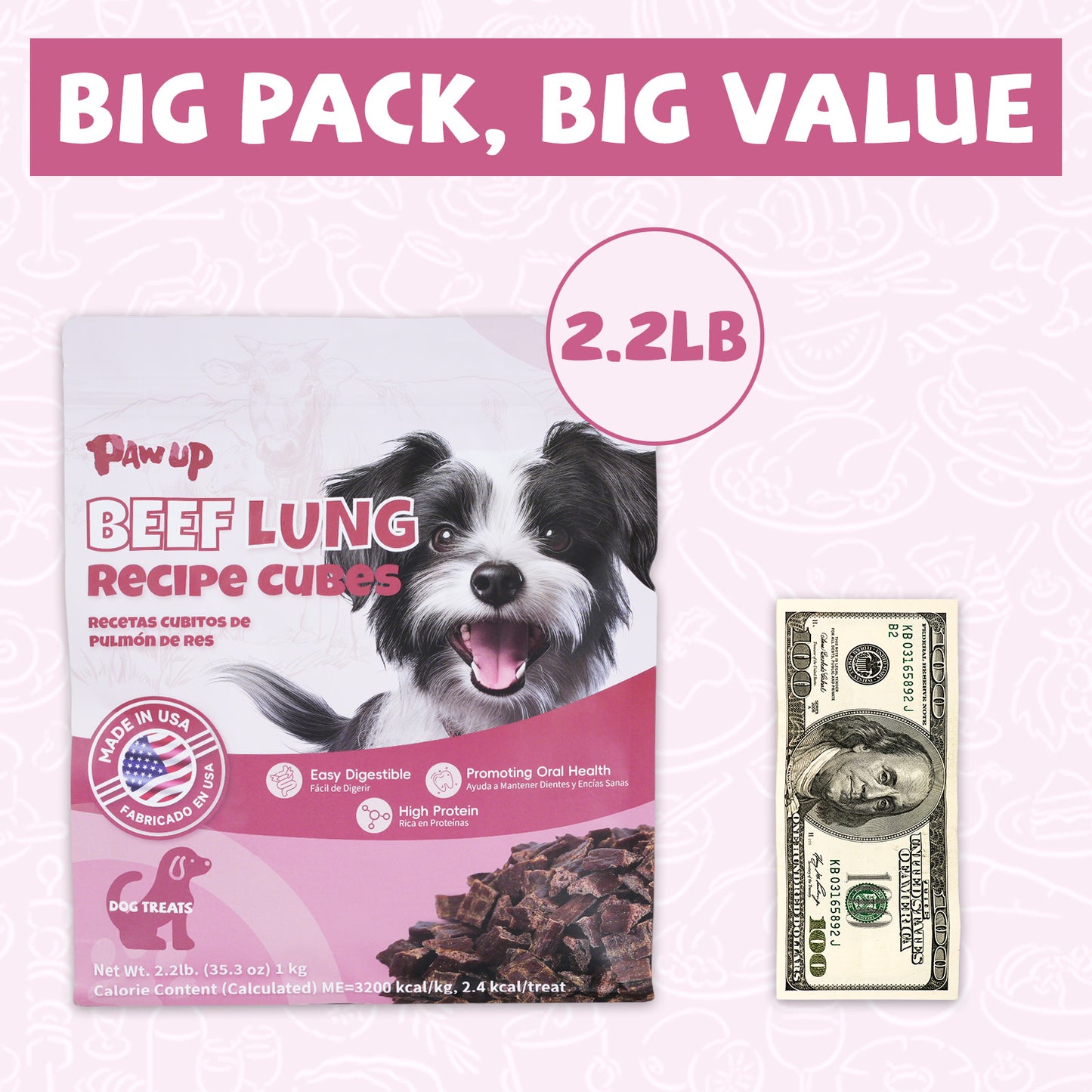 Beef Lung Dog Treats, Made in USA, High Protein, Low Fat Easily Digest Snacks for Dogs, Nutritious Chews for All Breeds and Sizes, 2.2 lb