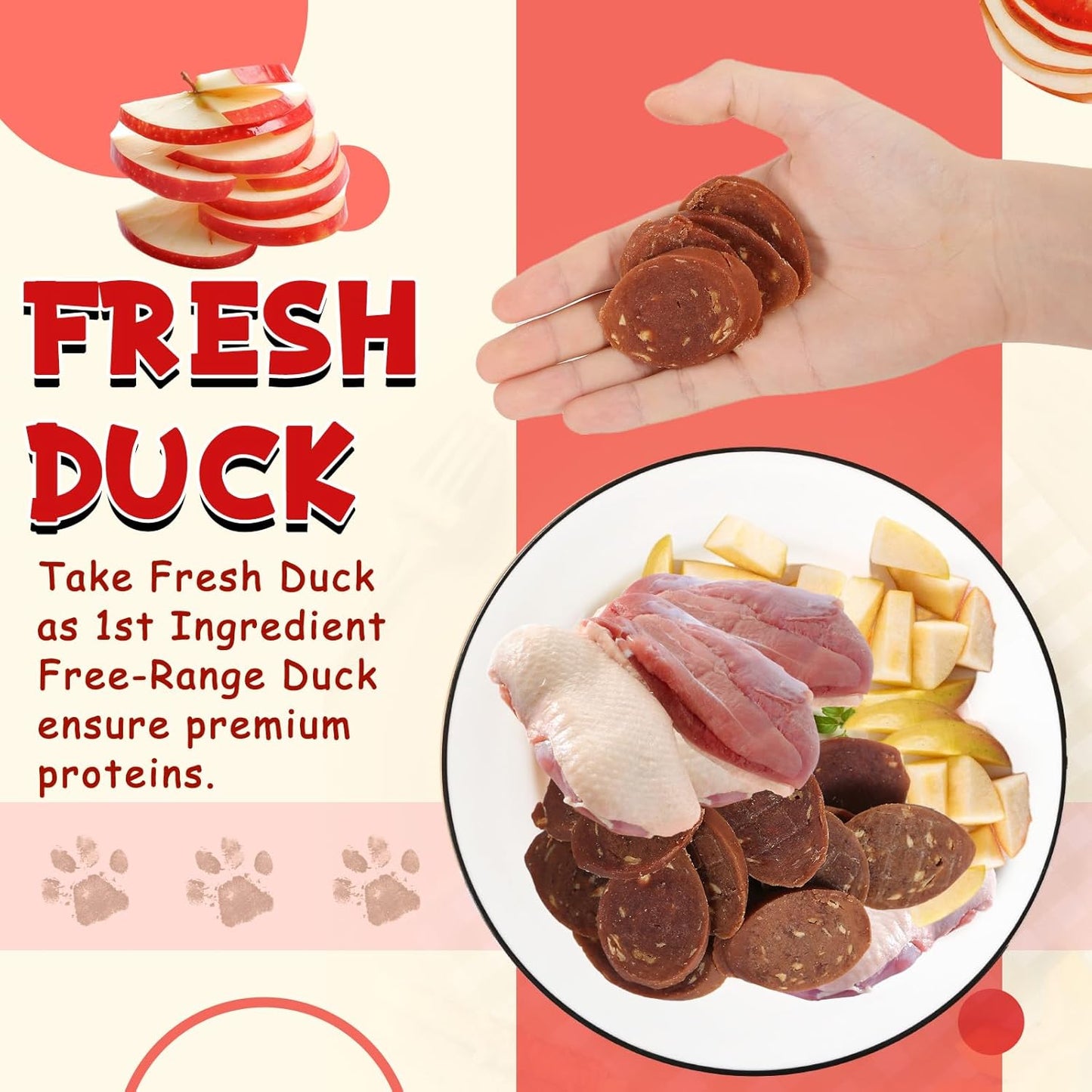 Dog Treats Duck Apple Sausage Bites, 1% Taurine Added, 12.5 oz, High Protein Low Fat Chewy Healthy Snacks for Small, Medium & Large Dogs