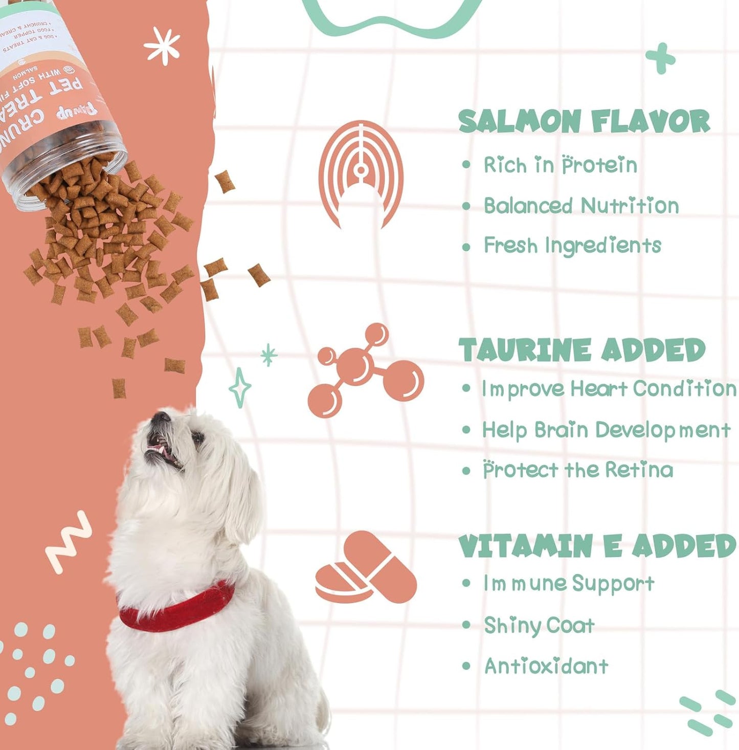 Dog Treats Crunchy and Creamy Treats for Dog and Cat, Salmon Flavor Topper, Taurine Added, 12.5 Ounce