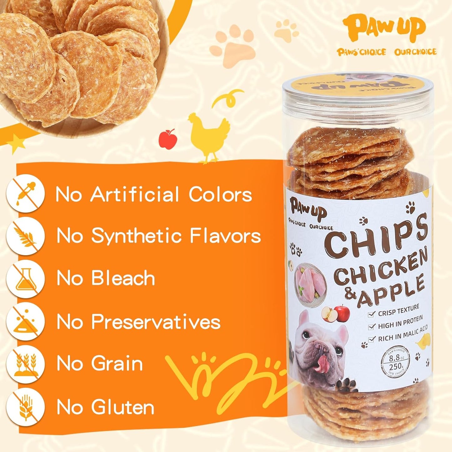 Chicken Chips Dog Treats, Crunchy Chicken Apple Flavor Jerky for Dogs, High Protein Healthy Snacks for Small Medium Large Dogs, 8.8 oz